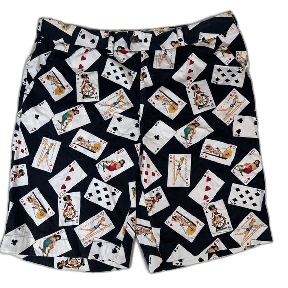 LOUDMOUTH Golf Shorts Girls Playing Cards Printed Black Size 38 gamble poker AOP - Picture 1 of 9